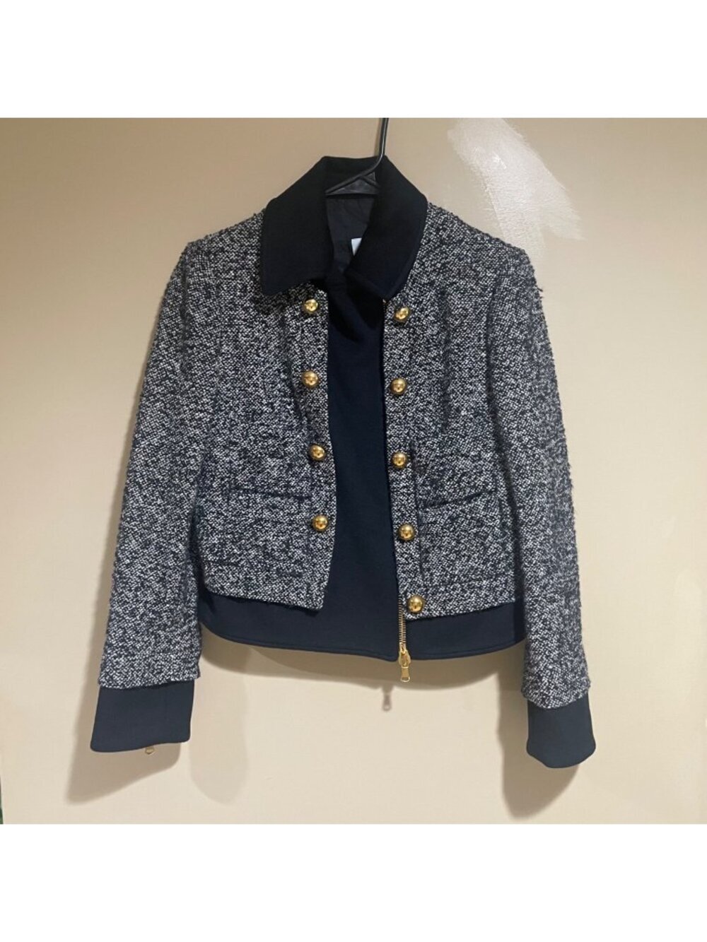moschino tweed jacket featuring gold buttons